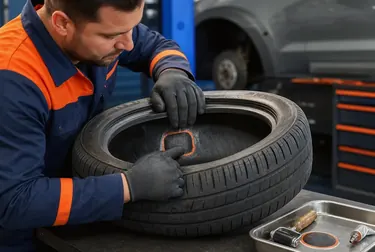 Mecânico realizando o conserto de um pneu em borracharia.