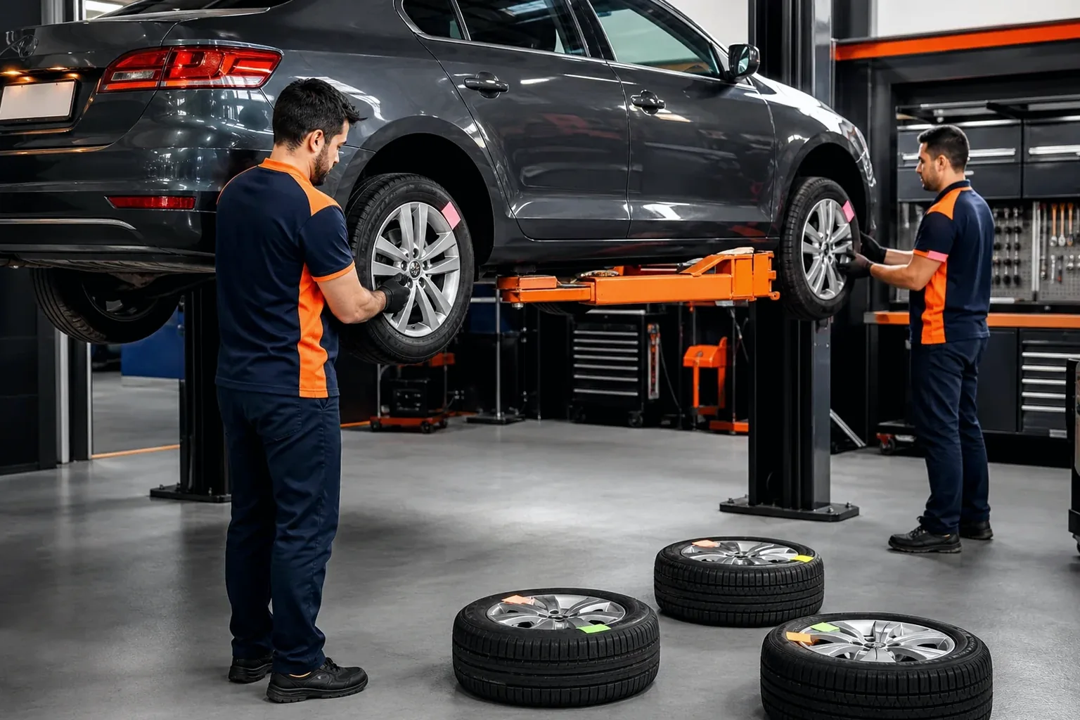 Mecânico realizando o rodízio de pneus de um carro.