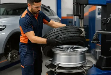 Profissional trocando um pneu de veículo em borracharia.